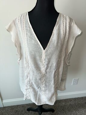 Zac & Rachel Light Cream V-Neck Lace-Trim Flowy Blouse Size XL